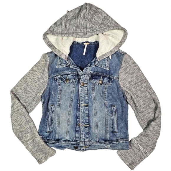 Free People Sweater Hooded Jean Jacket Size Small Blue Grey - Picture 1 of 3